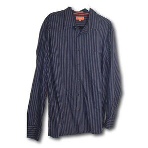 Faconnable Navy Blue Striped Button Down Shirt Size: L